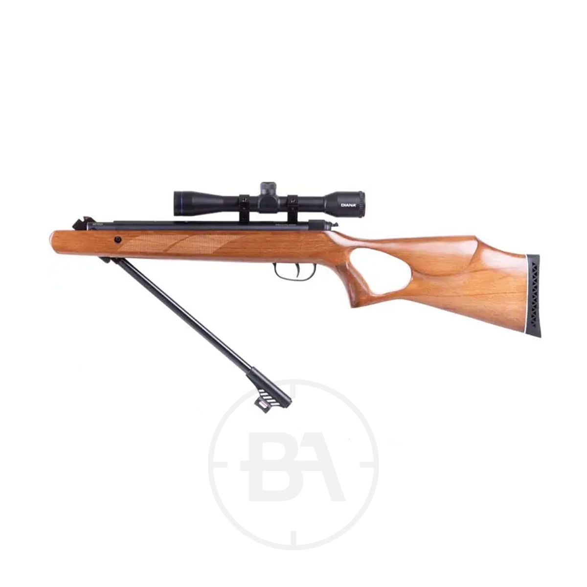 Diana Two-Fifty Spring Air Rifle 3 The Diana Two-Fifty Spring Air Rifle, featuring a wooden stock and scope, is shown against a white background.