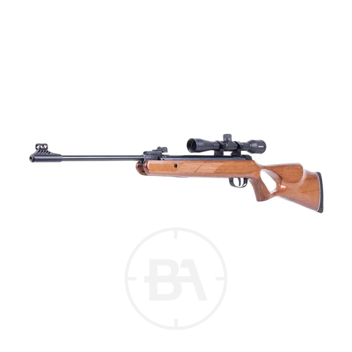 Diana Two-Fifty Spring Air Rifle 7 The Diana Two-Fifty Spring Air Rifle with a wooden stock and mounted scope is displayed in profile against a plain white background.