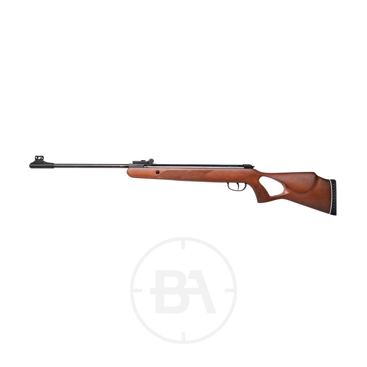 Diana Two-Fifty Spring Air Rifle 9 A side view of the Diana Two-Fifty Spring Air Rifle featuring a wooden stock, black barrel, trigger, and butt pad is shown against a white background.