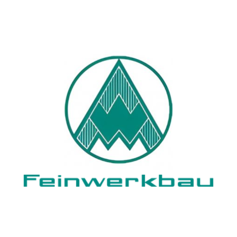 Teal geometric logo resembling overlapping triangles above the word "Feinwerkbau" in a modern sans-serif font.