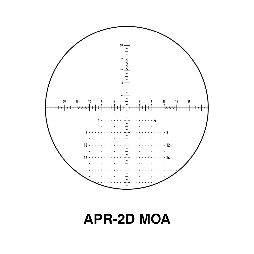 Element Optics Titan 3-18x50 FFP Rifle Scope With Mounts 5 A reticle diagram labeled "APR-2D MOA" with horizontal and vertical measurement markings, as seen on the Element Optics Helix Gen 2 6-24x50 FFP, featuring numerical indicators for precise targeting.