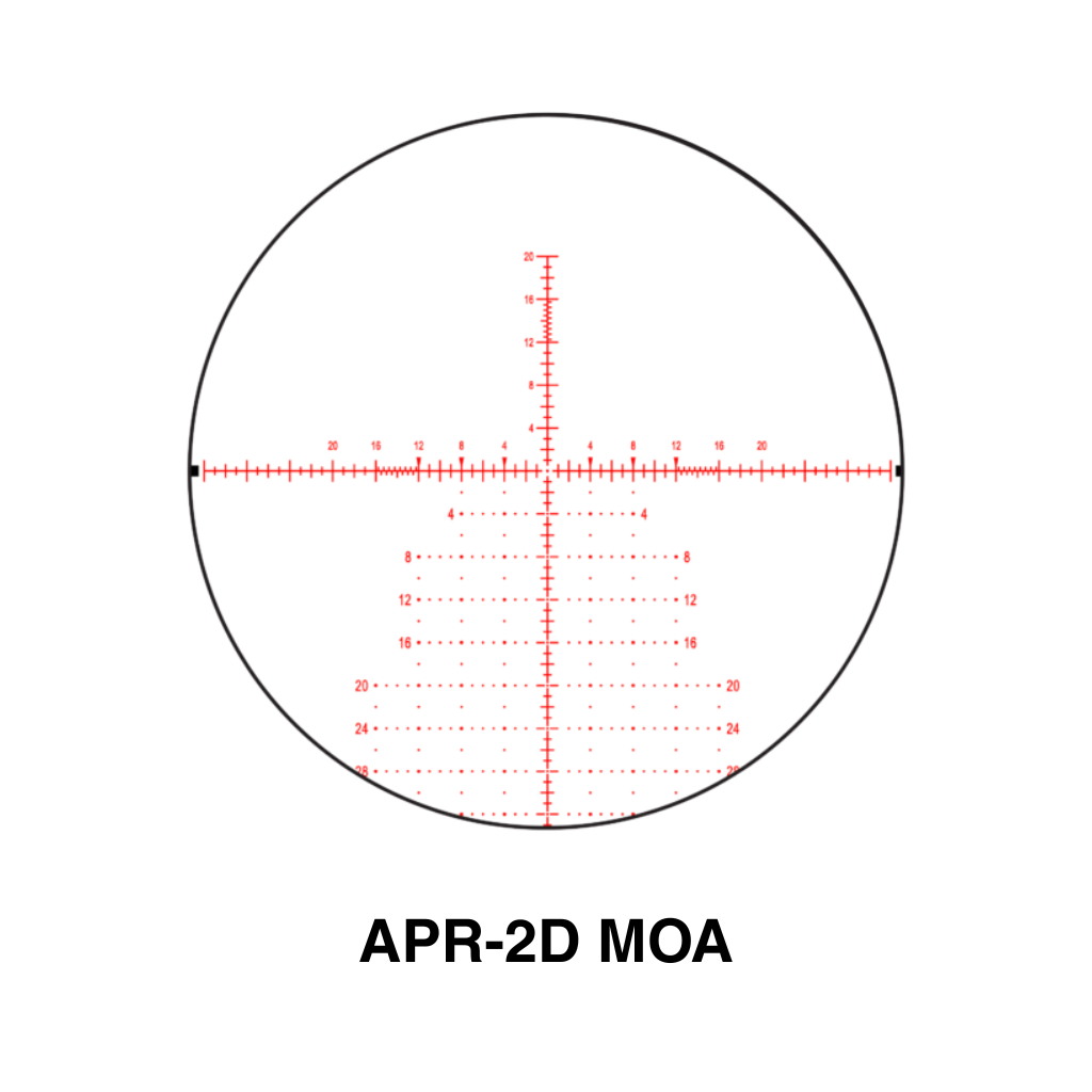Element Optics Theos 6-36×56 FFP Rifle Scope 11 Red reticle sight pattern with hashmarks and numbers, labeled "APR-2D MOA" below the circle—designed for the Element Optics Nexus Gen 2 Rifle Scope.