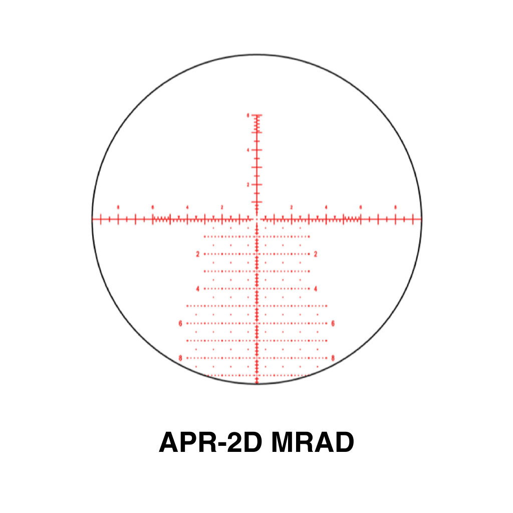 Element Optics Theos 6-36×56 FFP Rifle Scope 9 Red reticle design with markings and numbers inside a circular scope view, labeled "APR-2D MRAD" below, perfect for pairing with the Nexus 5-20×50 FFP Rifle Scope.