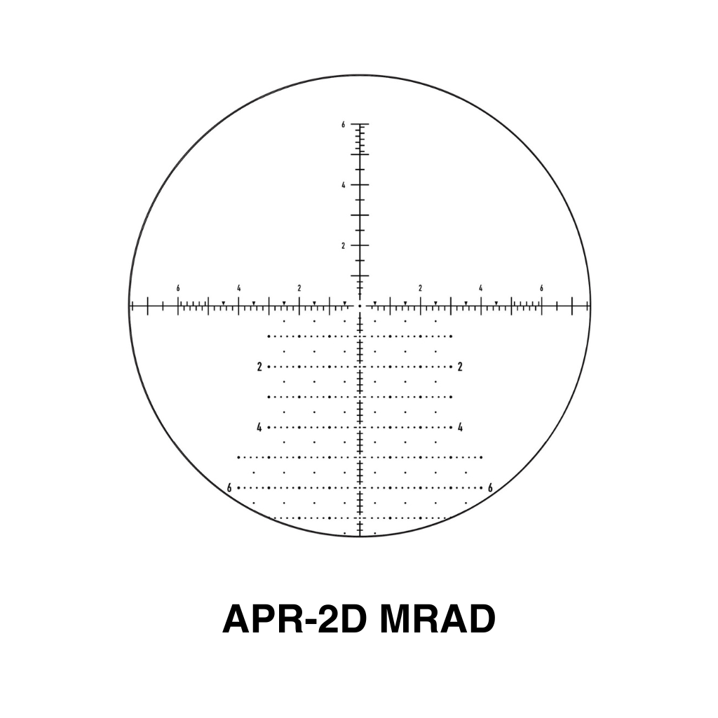 Element Optics Titan 3-18x50 FFP Rifle Scope With Mounts 7 A circular rifle scope reticle with horizontal, vertical, and diagonal markings, labeled with numbers for measurements. Text below reads "APR-2D MRAD." Designed for precision shooting with the Element Optics Helix 6-24x50 FFP.
