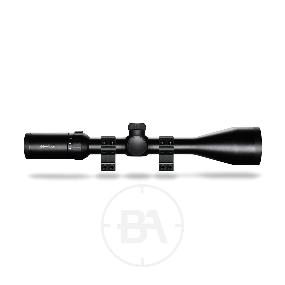Hawke Fast Mount 3-9 x50 Mil Dot Rifle Scope With Mounts 1 A Hawke Fast Mount 3-9x50 Mil Dot Rifle Scope with mounts, featuring adjustment knobs and "HAWKE" labelled on the eyepiece, is shown on a white background.