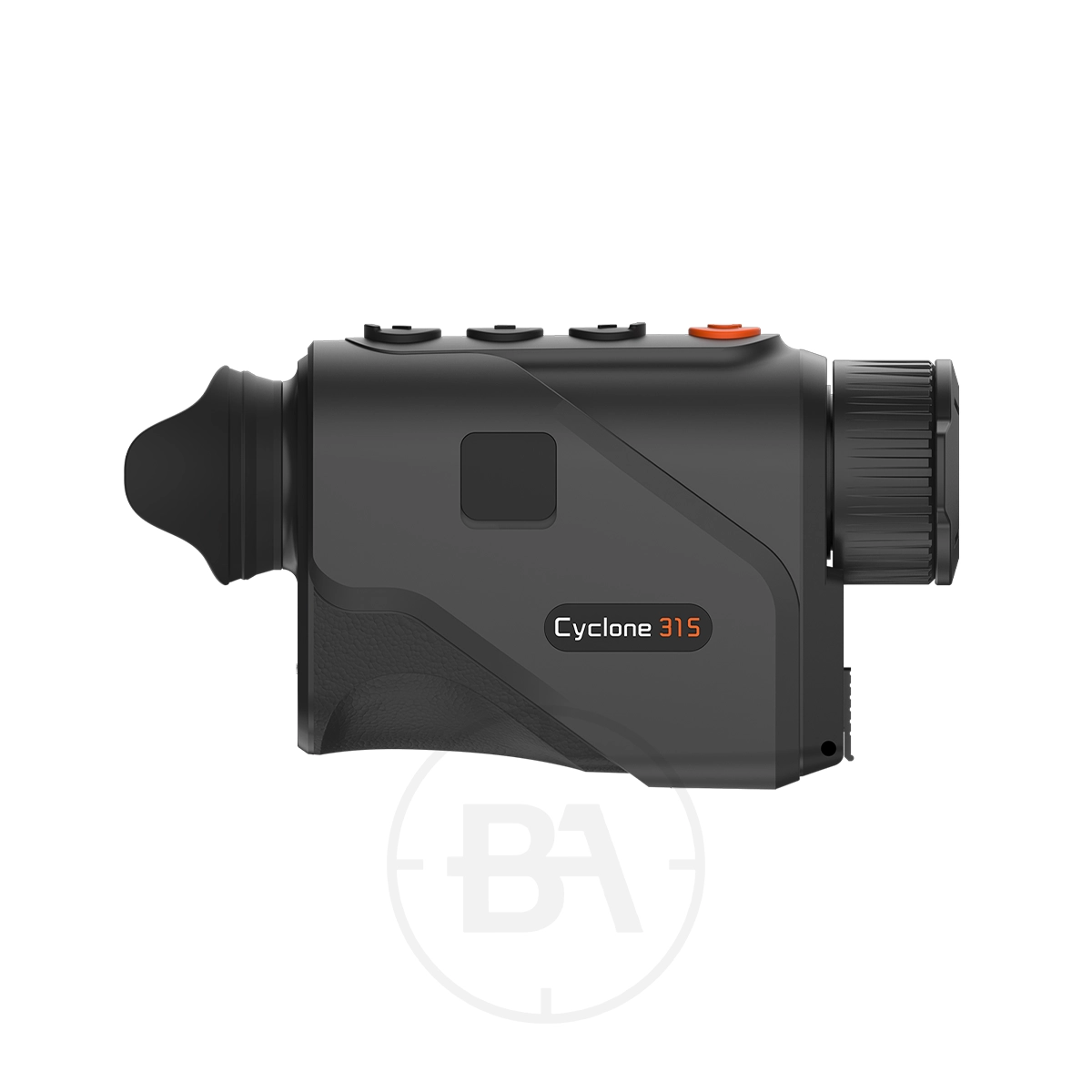 ThermTec Cyclone 315 Thermal lmaging Monocular 3 Side view of the ThermTec Cyclone 315 Thermal Imaging Monocular with control buttons on top and an eyepiece positioned to the left.