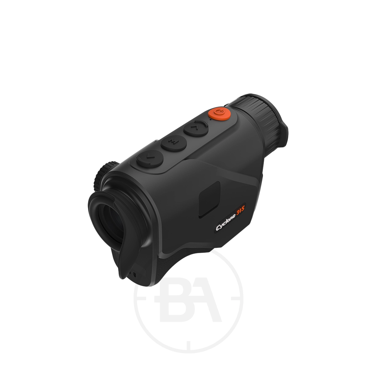 ThermTec Cyclone 315 Thermal lmaging Monocular 5 Black handheld ThermTec Cyclone 315 Thermal Imaging Monocular with three top buttons, an orange power button, and a rubber eyepiece. The label reads "Cyclops 335," resembling the style of the Cyclone 315.