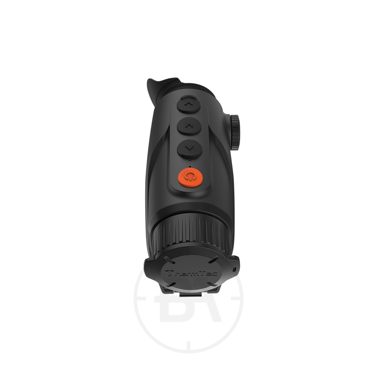 ThermTec Cyclone 315 Thermal lmaging Monocular 7 A black ThermTec Cyclone 315 Thermal Imaging Monocular with four buttons (one orange) and a side dial, viewed from the top on a white background.