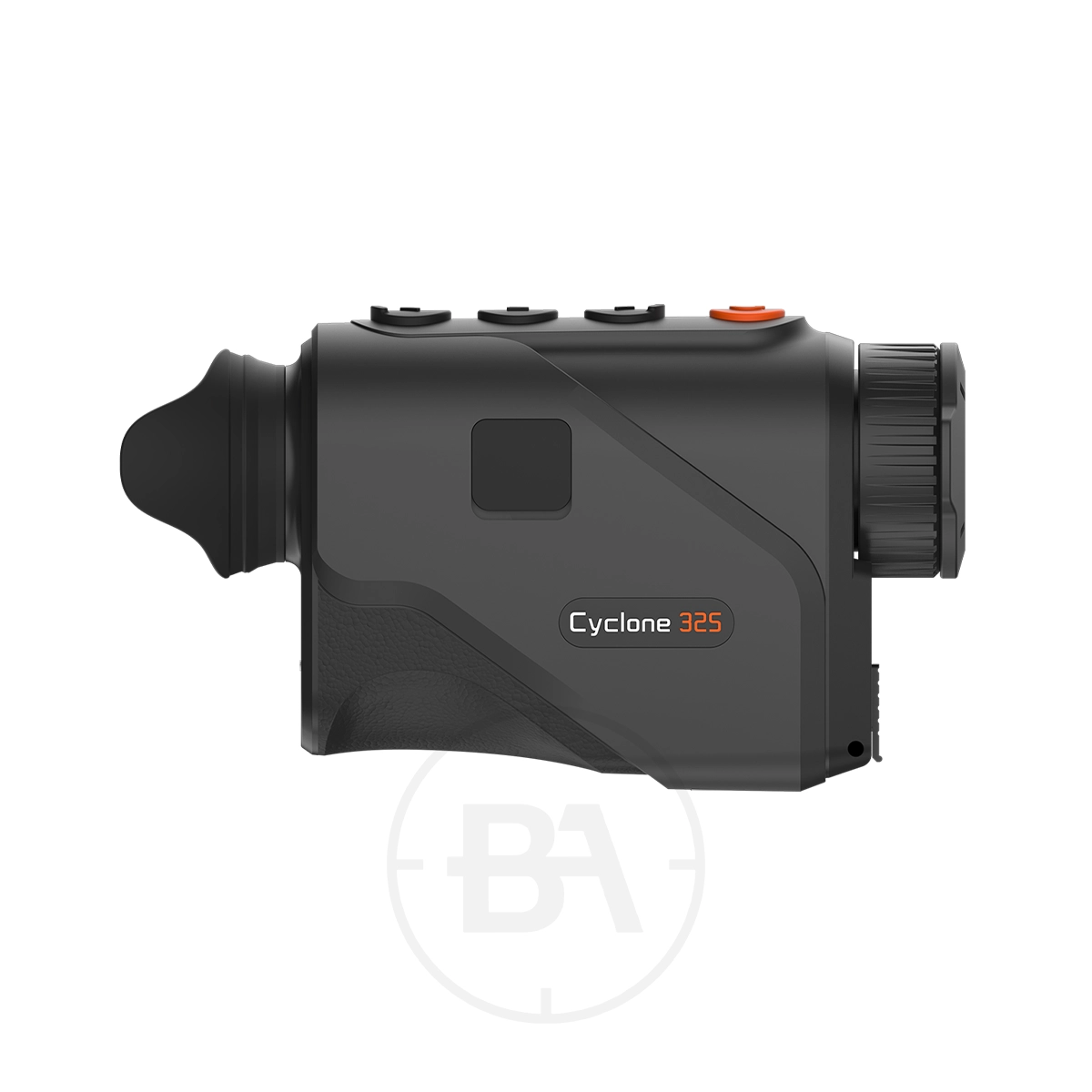 ThermTec Cyclone 325 Thermal lmaging Monocular 1 The ThermTec Cyclone 325 Thermal Imaging Monocular is black, with control buttons on top, an eyepiece on the left side, and a focus dial on the right.