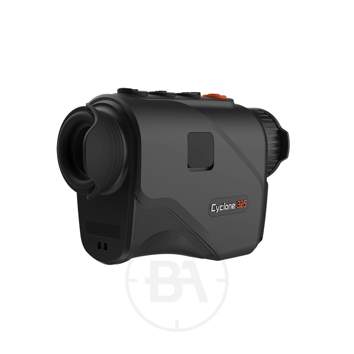 ThermTec Cyclone 325 Thermal lmaging Monocular 3 A compact, black Thermal Imaging Monocular labeled "ThermTec Cyclone 325" features control buttons on top and a textured grip on the side, with a sleek and practical design for easy handling.