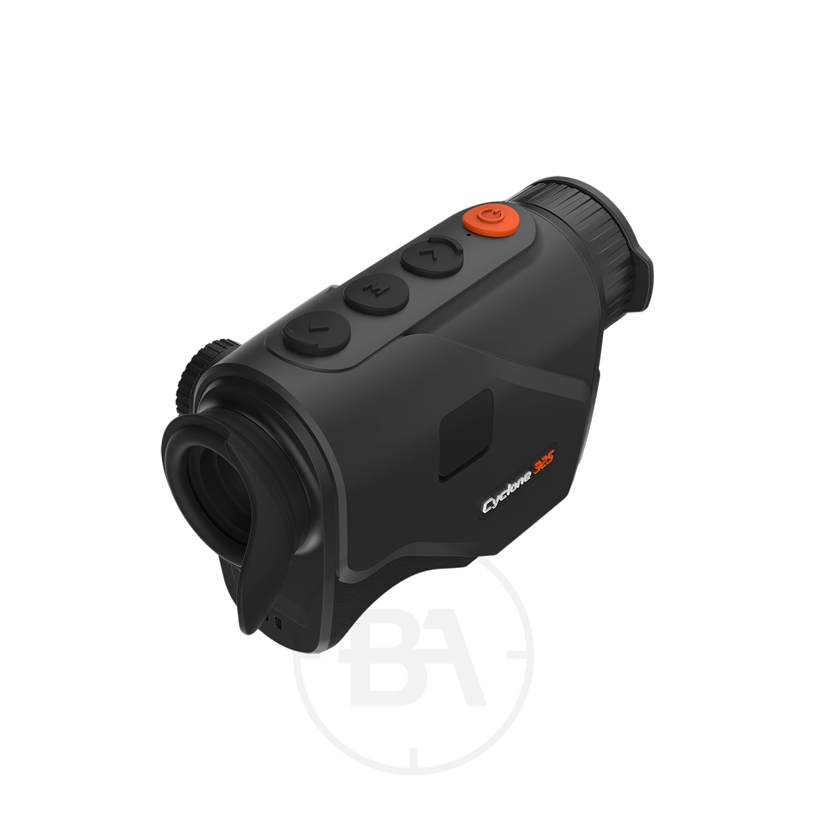 ThermTec Cyclone 325 Thermal lmaging Monocular 5 The ThermTec Cyclone 325 Thermal Imaging Monocular is a compact, black handheld device with three top buttons and a rubber eyepiece for convenient use.