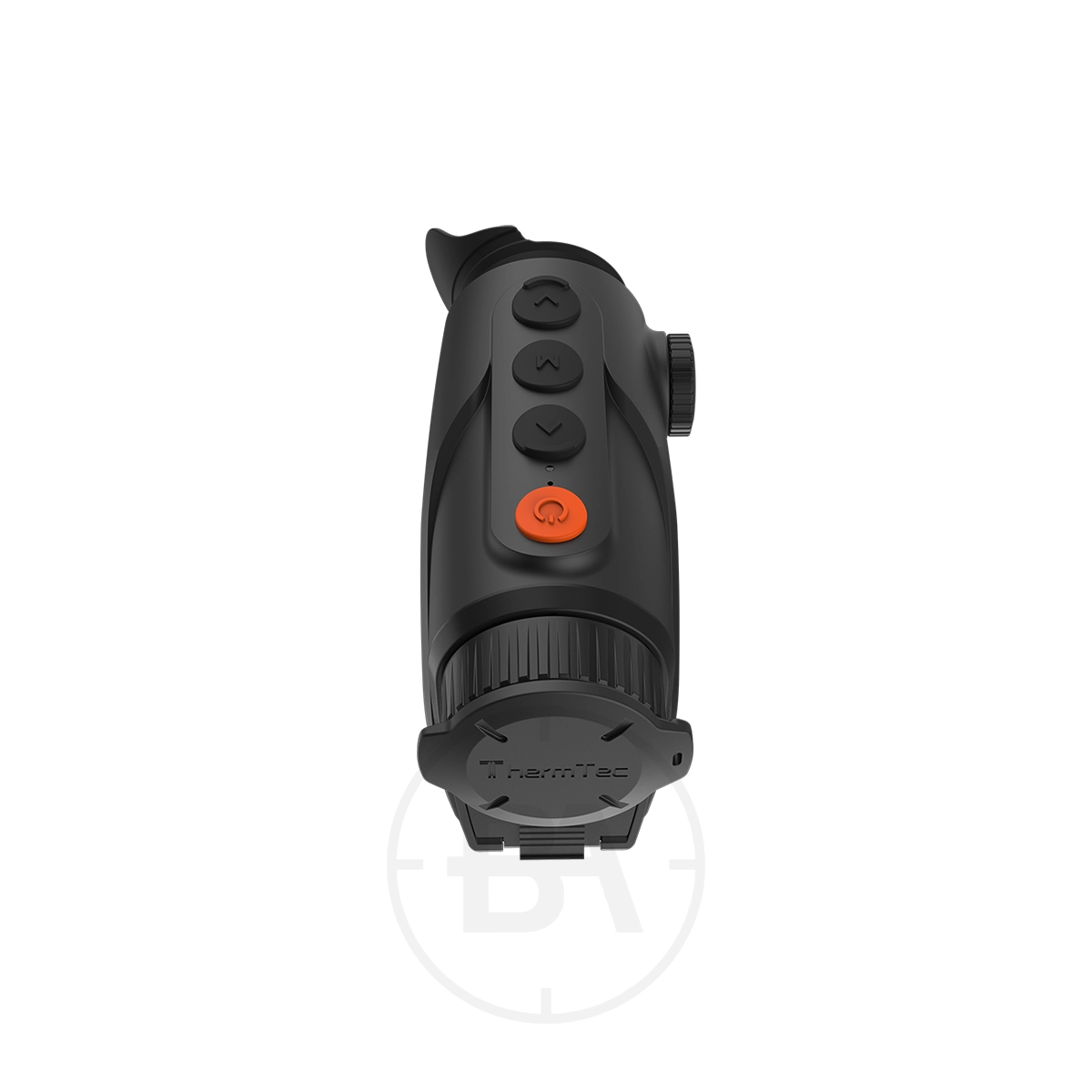 ThermTec Cyclone 325 Thermal lmaging Monocular 9 A black ThermTec Cyclone 325 Thermal Imaging Monocular is shown from above, featuring four buttons—including an orange power button—and a textured adjustment knob on the side.