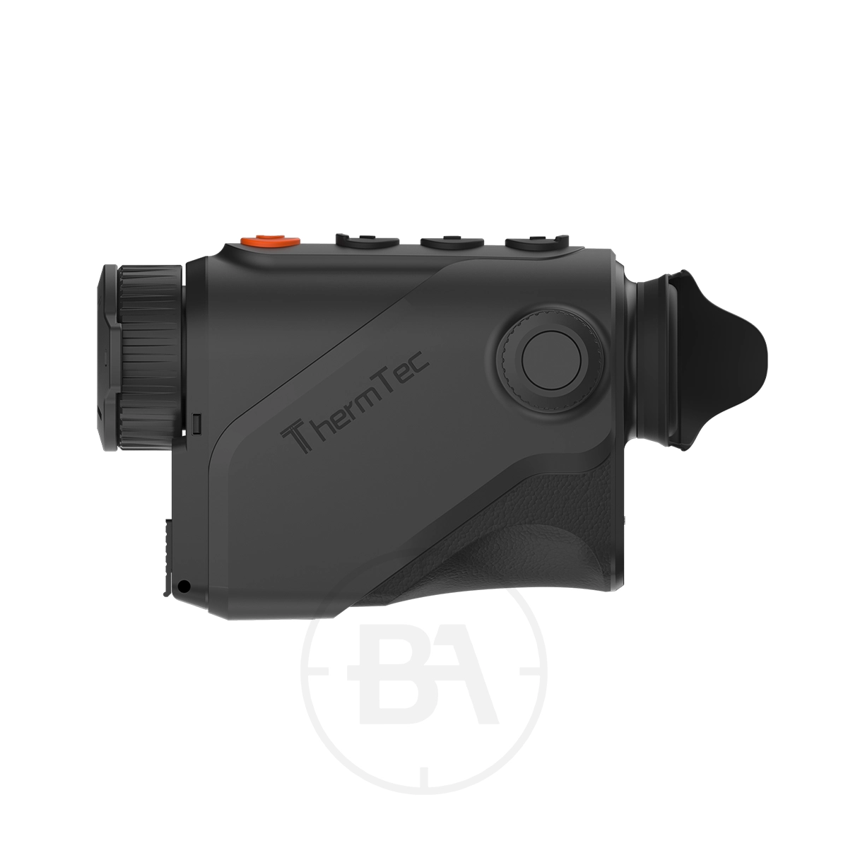 ThermTec Cyclone 325 Thermal lmaging Monocular 11 Side view of the ThermTec Cyclone 325 Thermal Imaging Monocular featuring control buttons, a focus knob, and an eyepiece.