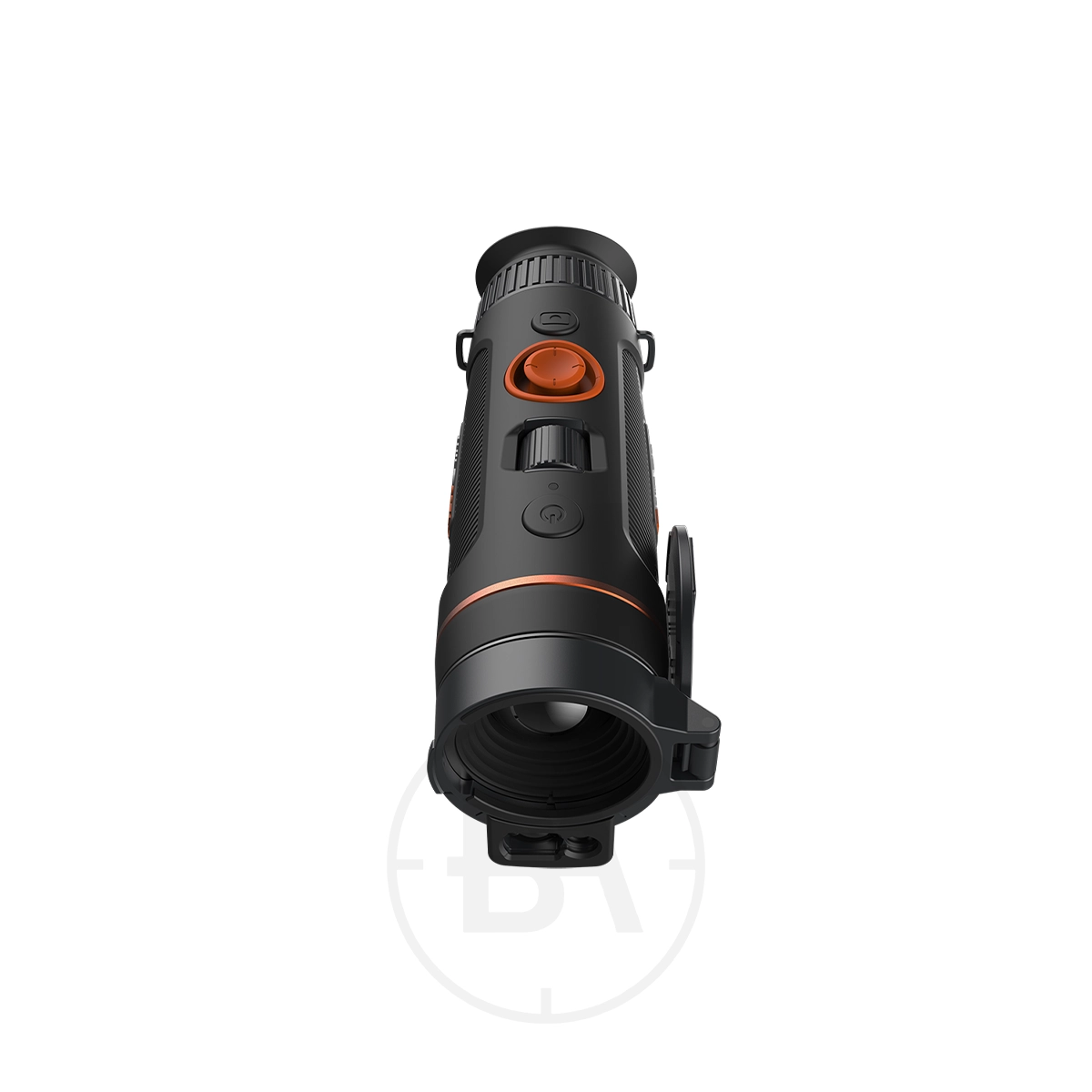 ThermTec Wild 335L Thermal lmaging Monocular 3 Front view of the ThermTec Wild 335L Thermal Imaging Monocular, showcasing its sleek black and orange design with prominent buttons and lens.