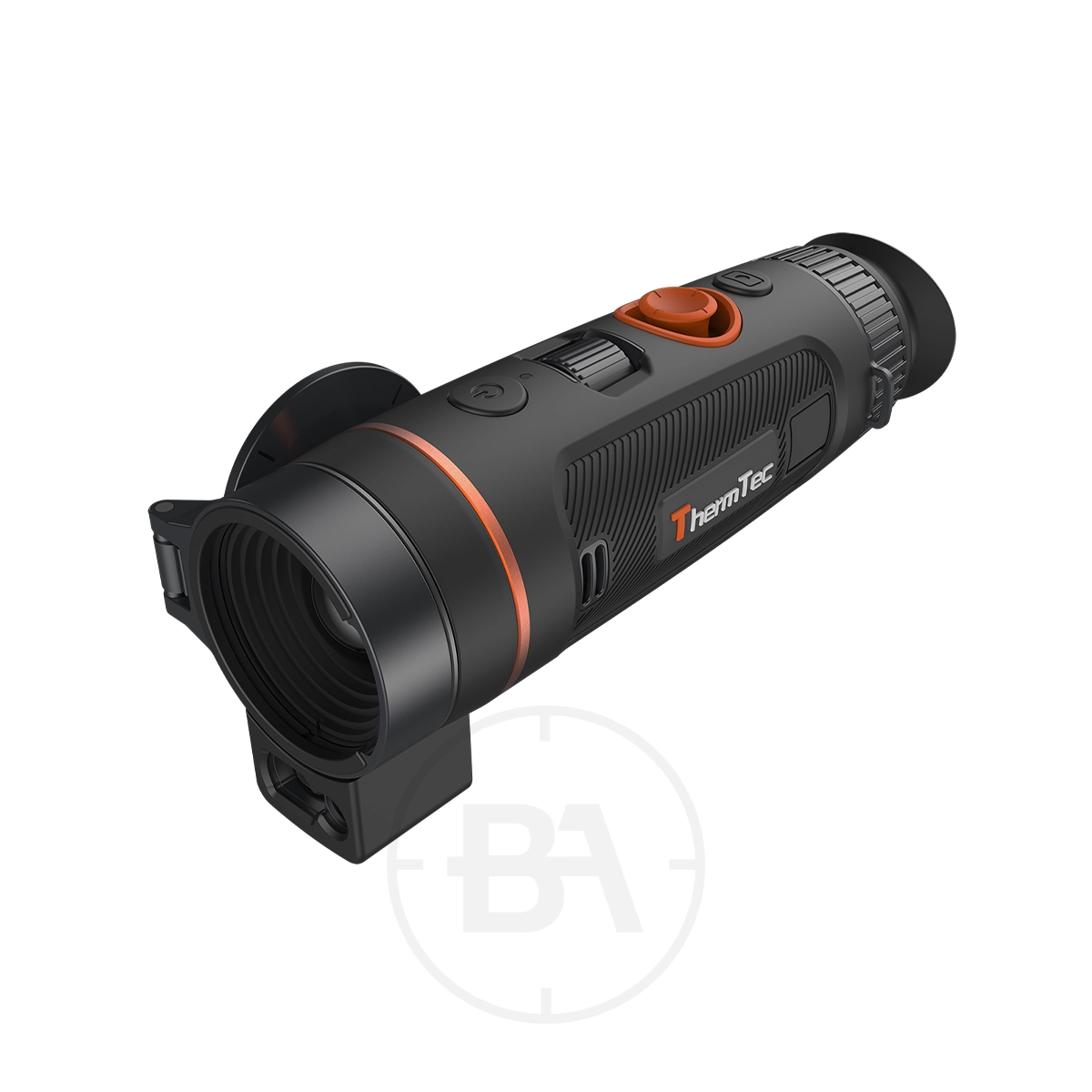 ThermTec Wild 335L Thermal lmaging Monocular 5 The ThermTec Wild 335L Thermal Imaging Monocular is a black handheld device with orange accents, control buttons on top, a front lens, and "ThermTec" branding on the side—ideal for users seeking advanced thermal imaging.