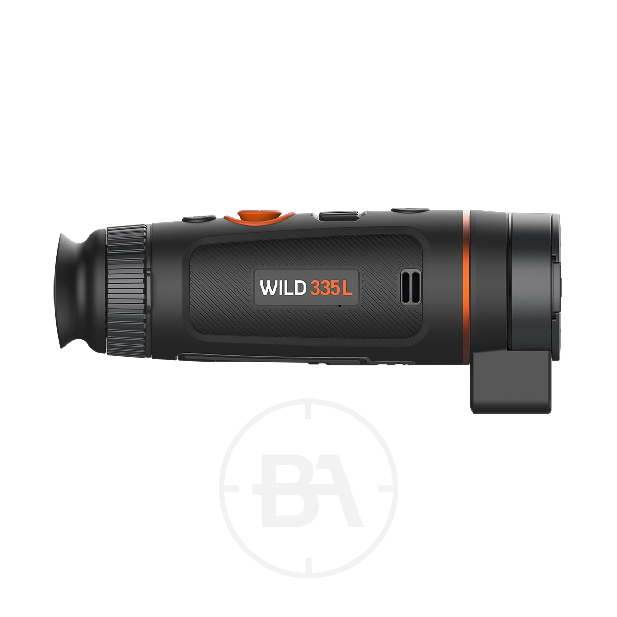 ThermTec Wild 335L Thermal lmaging Monocular 7 The ThermTec Wild 335L Thermal Imaging Monocular is depicted in black and orange from a side view, displaying its control buttons and eyepiece.