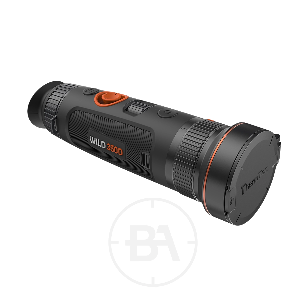 ThermTec Wild 350D Thermal lmaging Monocular 1 The ThermTec Wild 350D Thermal Imaging Monocular features a black and orange design with control buttons and a "TiannTec" lens cap, offering advanced imaging in a compact, handheld form.
