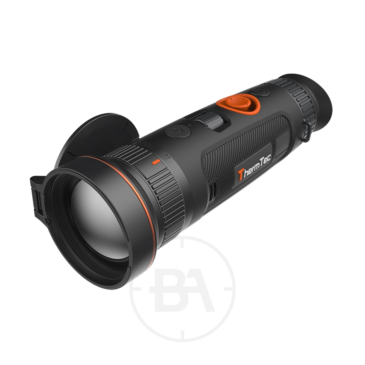 ThermTec Wild 350D Thermal lmaging Monocular 3 The ThermTec Wild 350D Thermal Imaging Monocular is black with an orange power button and branding, a large front lens, and a textured grip.