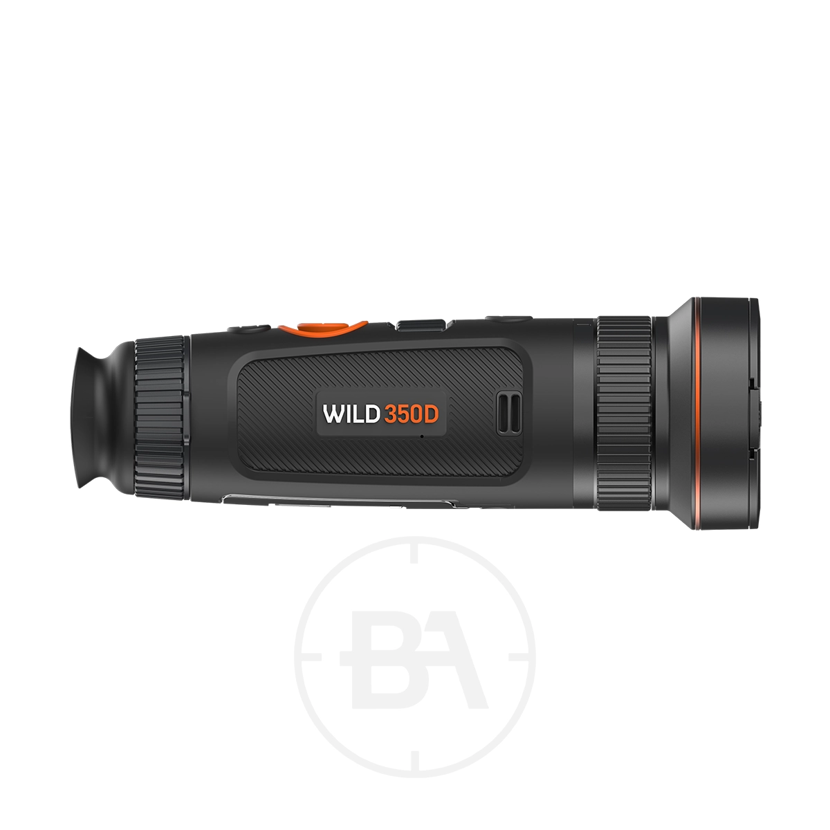 ThermTec Wild 350D Thermal lmaging Monocular 5 Side view of the ThermTec Wild 350D Thermal Imaging Monocular in black and orange, featuring a textured grip and clearly labeled buttons.
