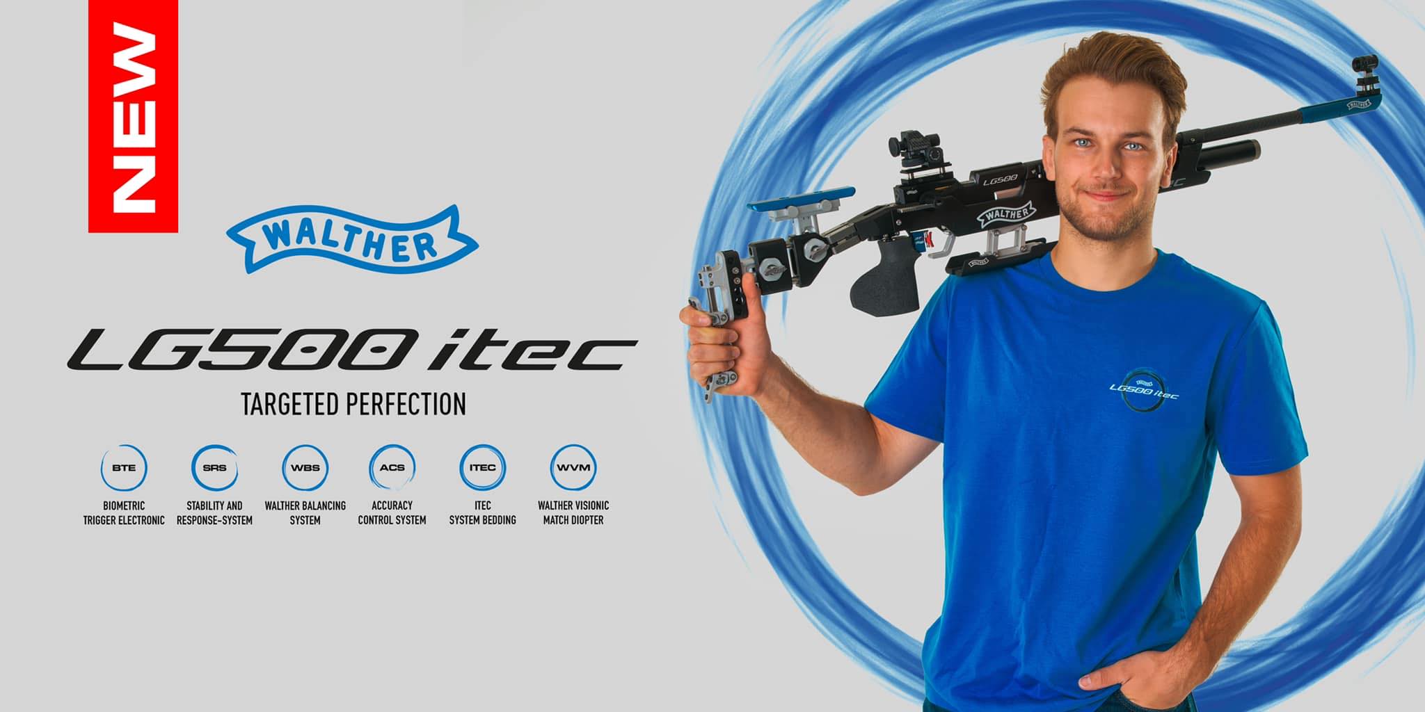 Man in blue shirt holds a precision rifle and smiles. The image promotes the Walther LG500 itec, highlighting features like an electronic trigger system and ACS control.
