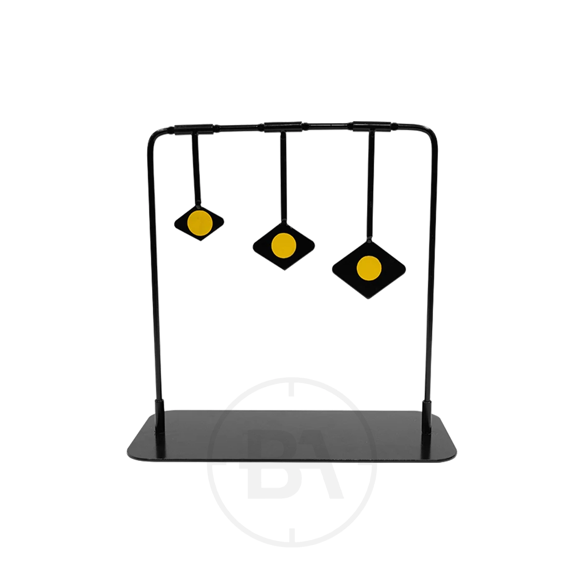 BSA 3 Diamond Plinking Target 1 The BSA 3 Diamond Plinking Target features a black metal stand with three hanging, diamond-shaped targets, each with a yellow circular centre, on a rectangular base shown against a white background.