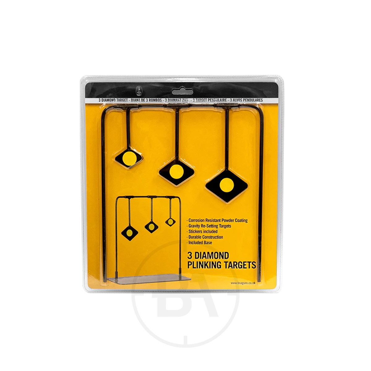 BSA 3 Diamond Plinking Target 5 The BSA 3 Diamond Plinking Target is a set of three diamond-shaped targets, each suspended on a rod, displayed against a yellow background with black text saying "3 Diamond Plinking Targets".