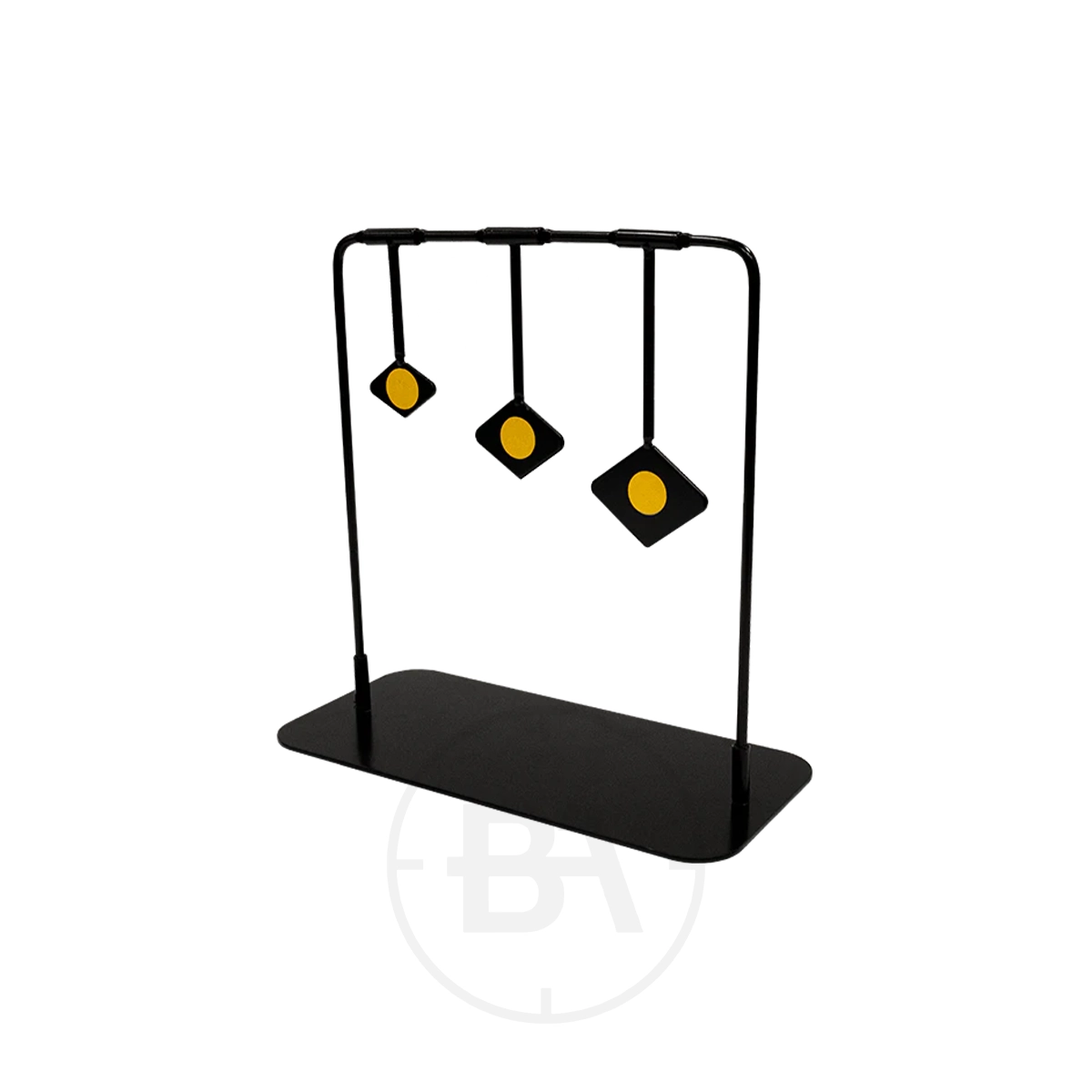 BSA 3 Diamond Plinking Target 3 The BSA 3 Diamond Plinking Target features three hanging square targets with yellow centre dots, each suspended at different heights on a black rectangular base—ideal for marksmanship practice.