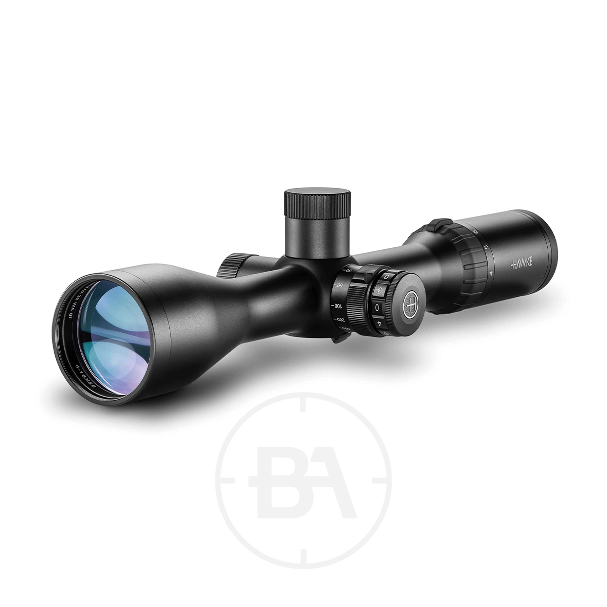 Hawke Airmax 30 WA SF 4-16x50 AMX IR Rifle Scope 1 The Hawke Airmax 30 WA SF 4-16x50 AMX IR Rifle Scope features adjustment dials and a large objective lens, with "HAWKE" on the side. Blue and purple reflections appear in the glass and a faint circular "BA" watermark is visible.