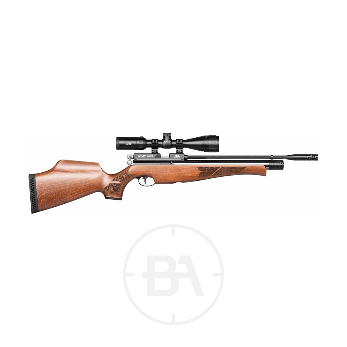 Air Arms S400 PCP Air Rifle Series 1 A wooden-stock air rifle with a mounted scope, displayed in a side profile view against a white background.