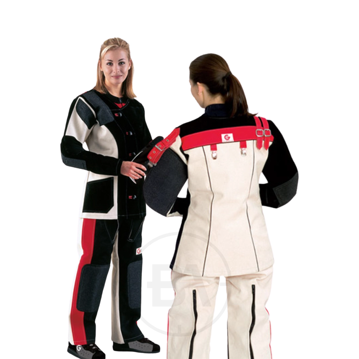 Gehmann Women's Tricolour Canvas & Leather Jacket 1 Two women, one facing forward and the other backward, wear Women's Tricolour Canvas & Leather Jackets against a white background.