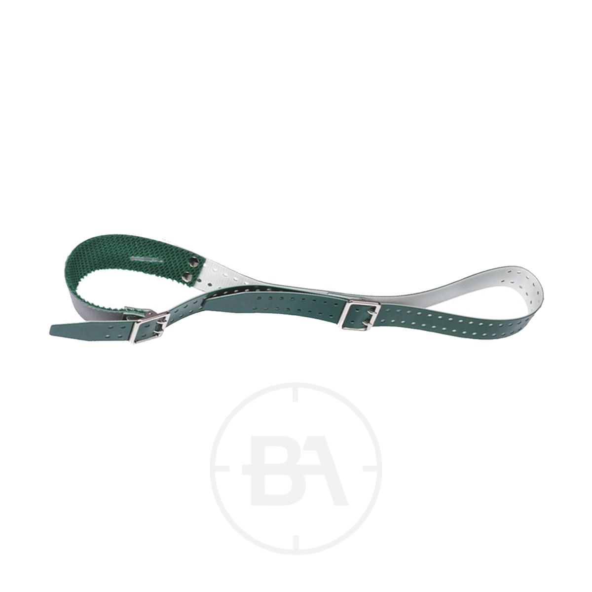 Gehmann Shooting Sling 5 A green and white adjustable Gehmann Shooting Sling with a buckle and perforated holes, designed for a right hand shooter, displayed on a plain white background.