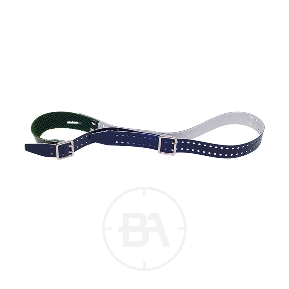 Gehmann Shooting Sling 3 A blue and white perforated Gehmann Shooting Sling with metal buckles, designed for a Left Hand Shooter, is looped and placed on a white background.