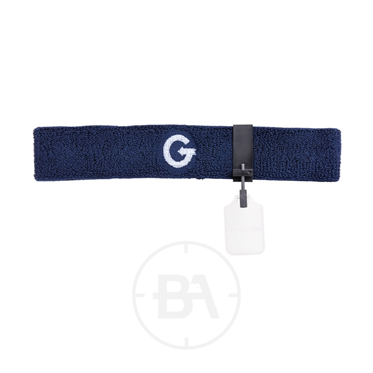 Gehmann 449-N Headband with ISSF Flip-Up Eyeshield 1 The Gehmann 449-N Headband features navy blue terry cloth, a white "G" logo, attached security tag, and rectangular label. It pairs perfectly with the included ISSF flip-up eyeshield.