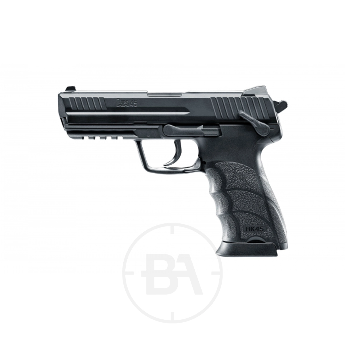 Heckler & Koch HK45 CO2 BB Pistol 1 Umarex Heckler & Koch HK 45 CO2 Pistol with textured grip, trigger guard, and visible safety mechanism shown on a plain white background.