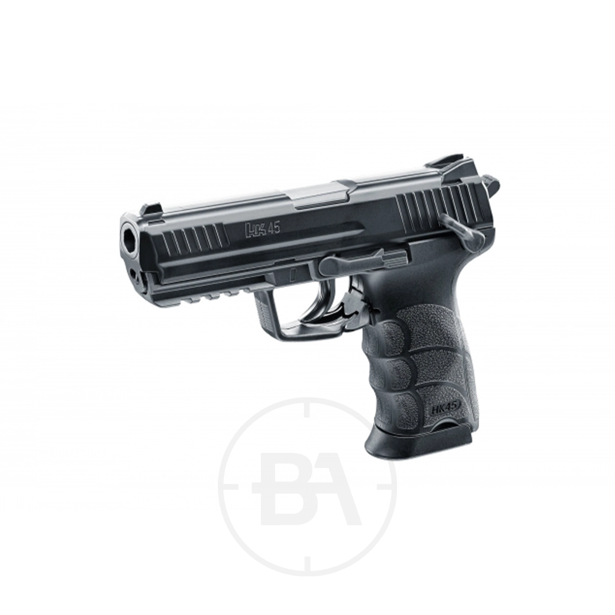 Heckler & Koch HK45 CO2 BB Pistol 3 The Umarex Heckler & Koch HK 45 CO2 Pistol is shown in black, angled to the left, featuring a textured grip and a visible trigger guard.