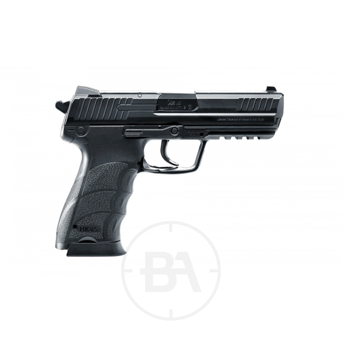 Heckler & Koch HK45 CO2 BB Pistol 5 A black Umarex Heckler & Koch HK 45 CO2 pistol with a textured grip and visible safety lever is displayed on a white background.