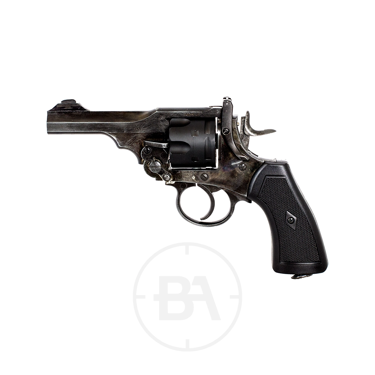 Webley MKVI 4" Police Service Revolver CO2 Pistol 3 A vintage Webley MKVI revolver with a black barrel and grip, displayed in side profile on a pristine white background.