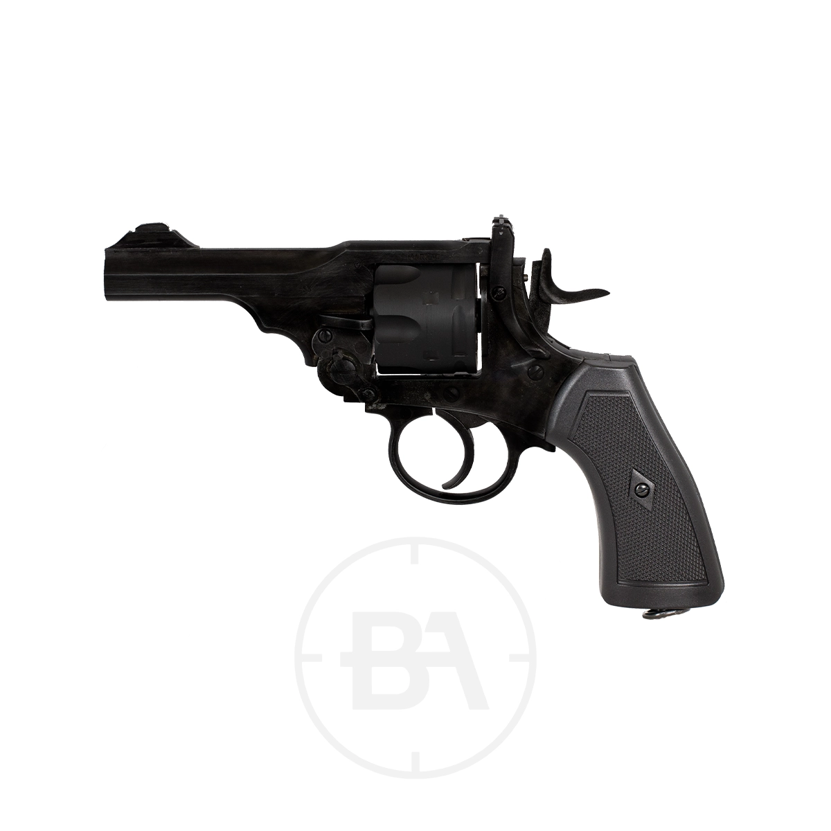 Webley MKVI 4" Police Service Revolver CO2 Pistol 1 Side view of a black Webley MKVI revolver with a textured grip on a white background.