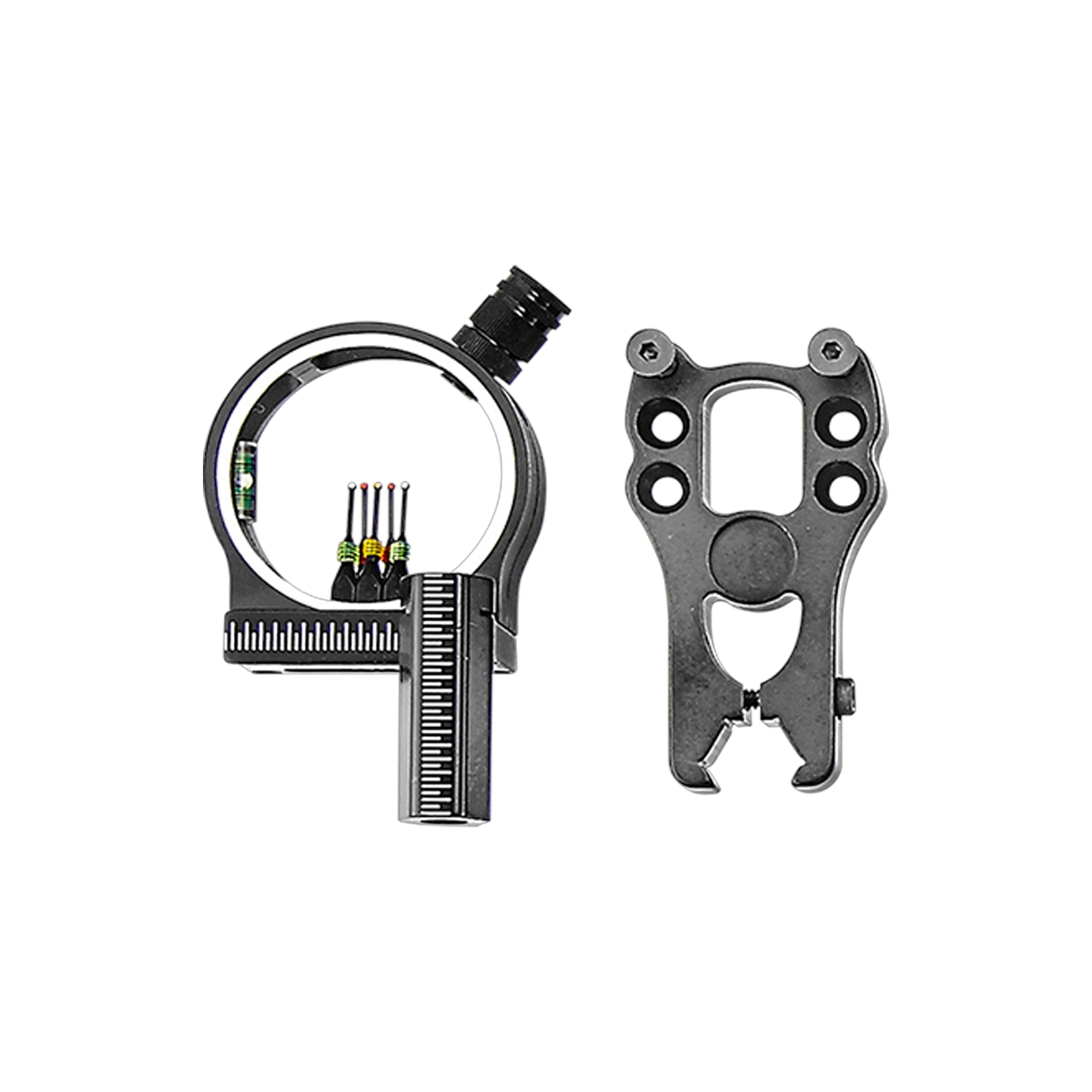 EK Archery 5 Pin Compound Bow Sight 1 Two EK Archery 3 Pin Plastic Fibre Optic Sights are shown side by side on a white background. The left displays fibre optic pins with a vertical scale; the right features multiple mounting holes and cutouts.