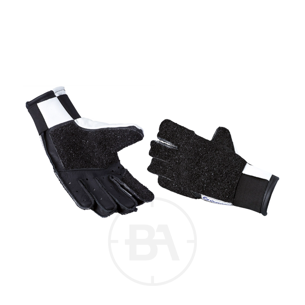 Gehmann 5 Finger Top Grip Glove 1 The Gehmann 5 Finger Top Grip Glove in black with white accents features textured surfaces and a full 5-finger grip for superior control, shown with one palm up and the other down.