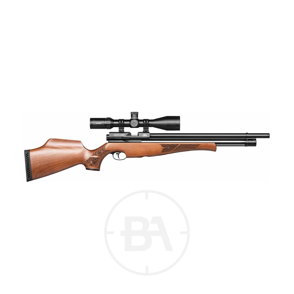 Air Arms S500 PCP Air Rifle 1 Side view of the Air Arms S500 PCP Air Rifle with a scope mounted, displayed against a white background.