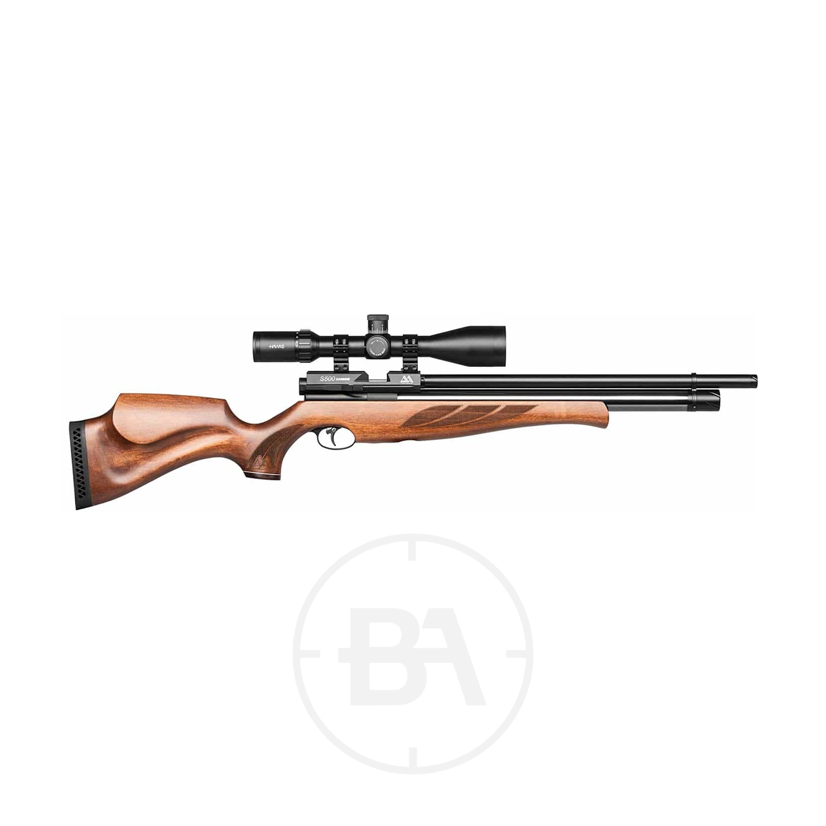 Air Arms S500 PCP Air Rifle 5 Side view of the Air Arms S500 PCP Air Rifle with a scope, shown on a white background.