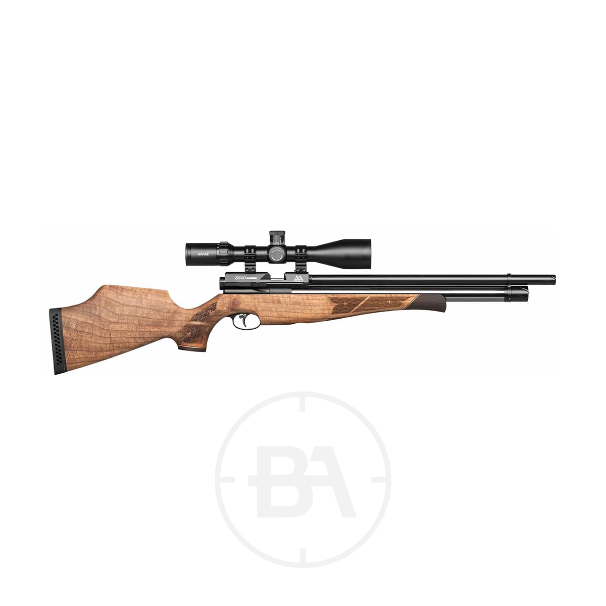Air Arms S500 PCP Air Rifle 7 Side profile of the Air Arms S500 PCP Air Rifle featuring a wooden stock and black barrel, shown on a white background.