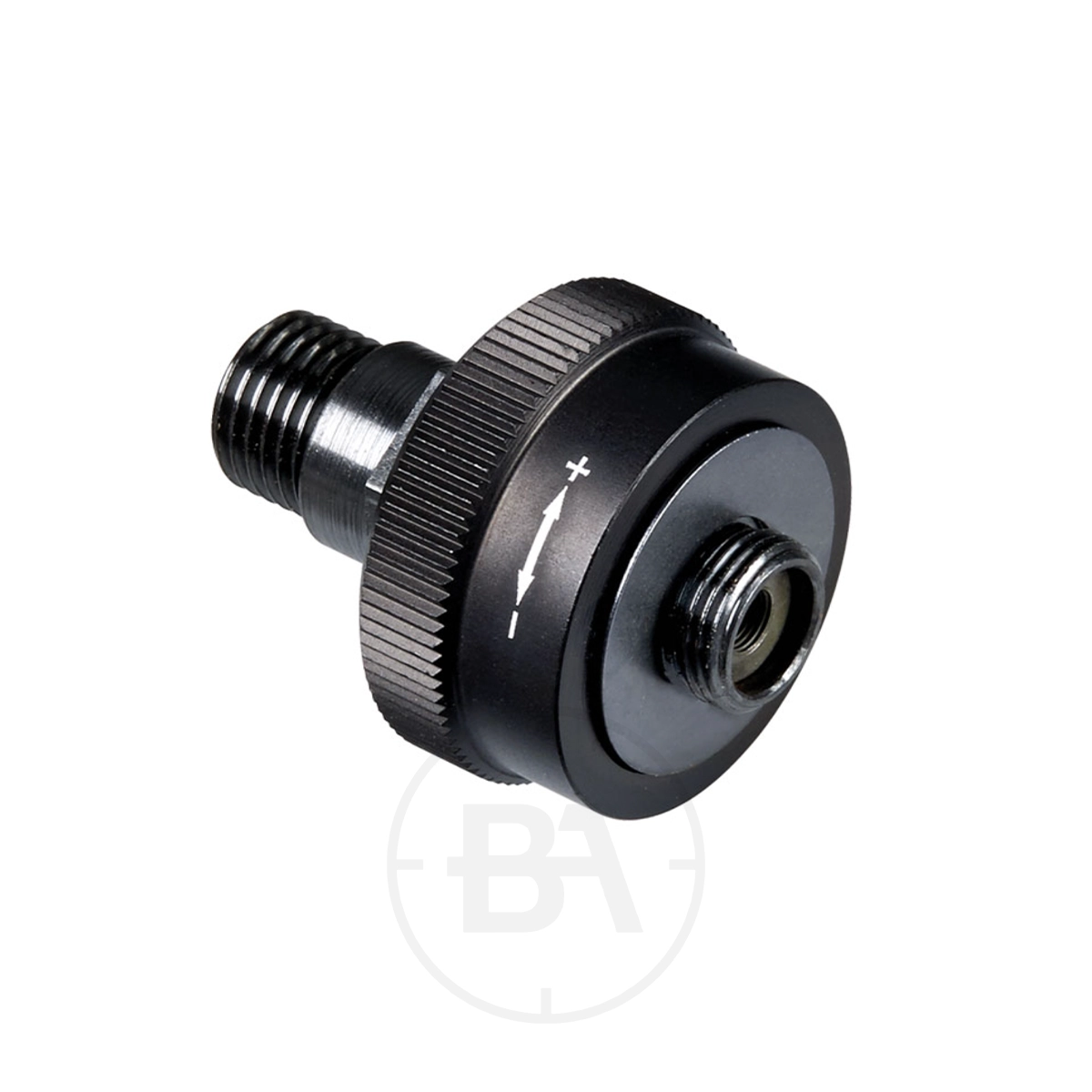 Gehmann 50309 1.5x Rearsight Dioptre 1 Black threaded metal valve adapter with a knurled grip and plus-minus directional arrow, shown against a white background—compatible with the Gehmann 50309 1.5x Rearsight Dioptre.