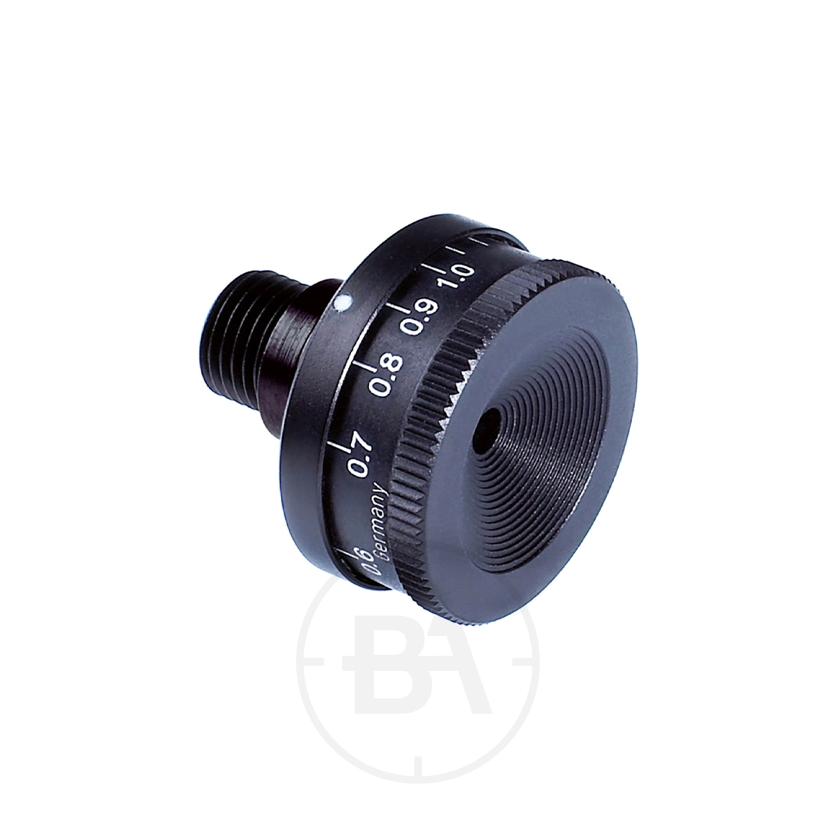 Gehmann 510 Rearsight Iris 1 The Gehmann 510 Rearsight Iris is a black metal dial with engraved markings from 0.7 to 1.0 and a threaded connector on one side.