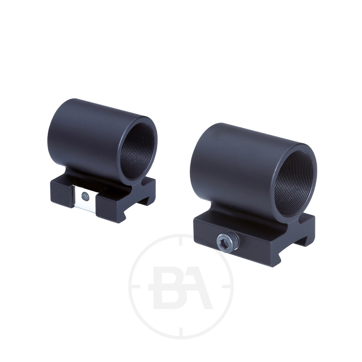 Gehmann 523 & 523-22 Foresights 1 Two black cylindrical metal mounts, each with a threaded interior, are compatible with Gehmann 523 & 523-22 Foresights and attached to rectangular bases with screws. Both mounts are shown on a white background.