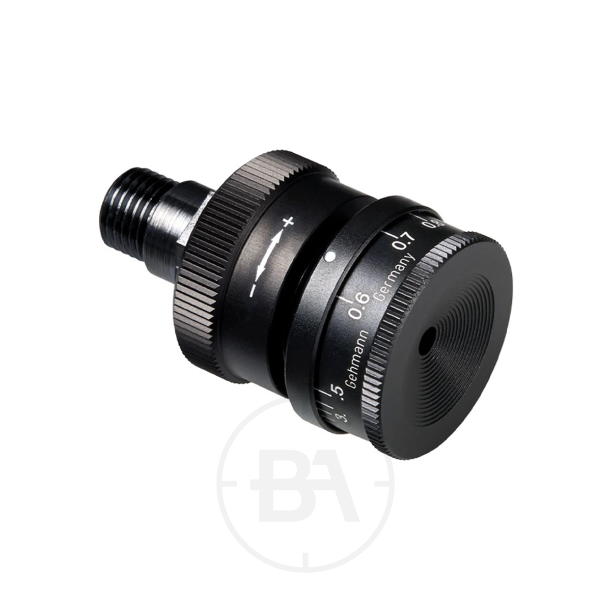 Gehmann 530 Rearsight Iris with 1.5x Dioptre 1 A black Gehmann 530 Rearsight Iris with 1.5x Dioptre, featuring focus and aperture adjustment rings with measurement markings, resembling an industrial camera lens, isolated on a white background.