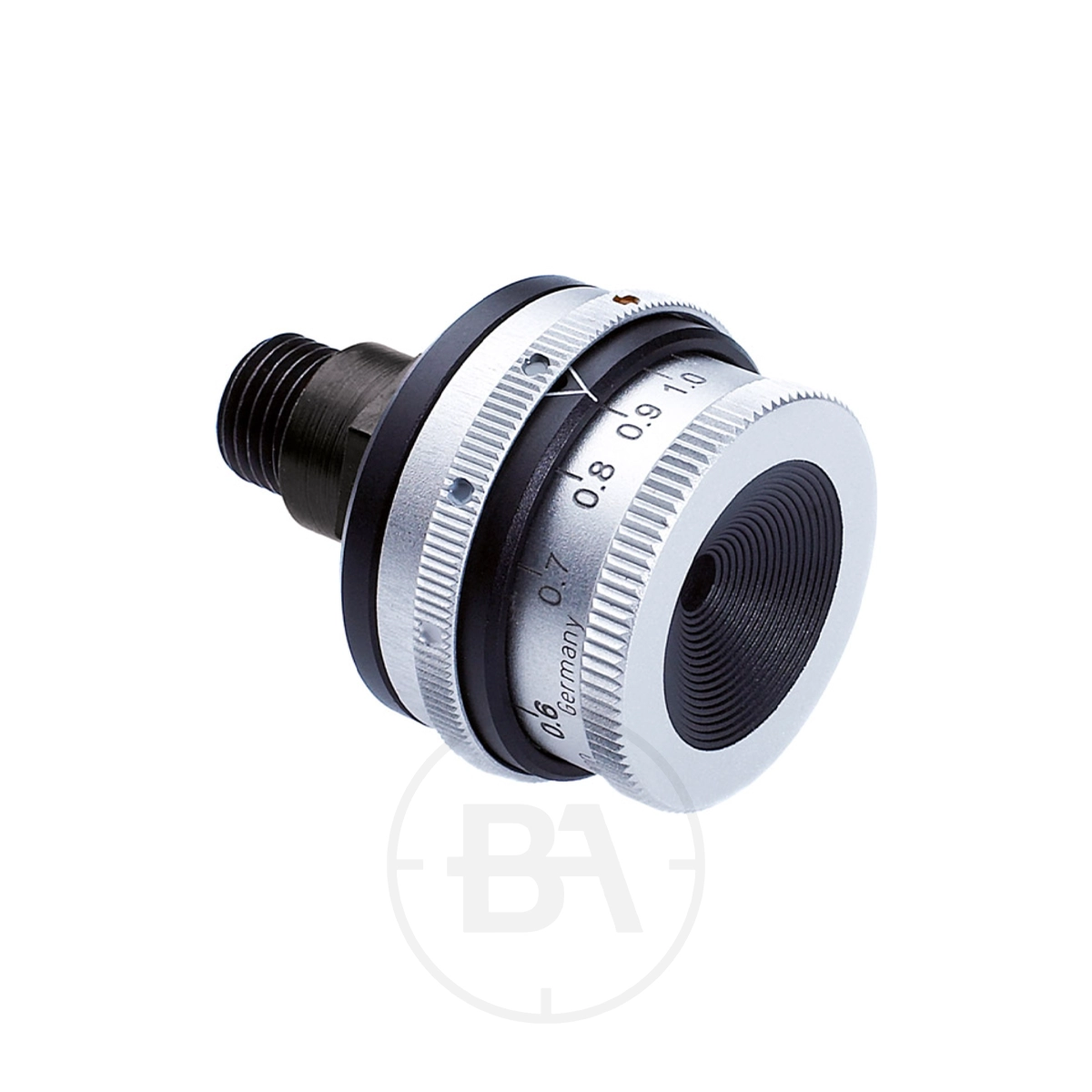 Gehmann 566-S Rearsight Iris With 6 Colour Filter 1 Close-up of the Gehmann 566-S Rearsight Iris With 6 Colour Filter, featuring engraved focus distance markings, a black ridged center, and a threaded mount, isolated on a white background.