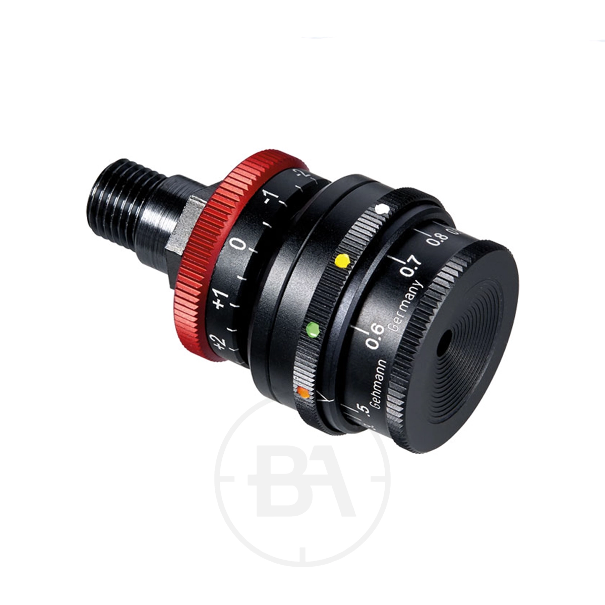 Gehmann 570-0 0.0x Dioptre With 6 Colour Filter & Rearsight Iris 1 A close-up view of the Gehmann 570-0 0.0x Dioptre with 6 colour filter and rearsight iris, featuring black housing, red and silver adjustment rings, visible measurement markings, a threaded mount, and an attached colour filter.