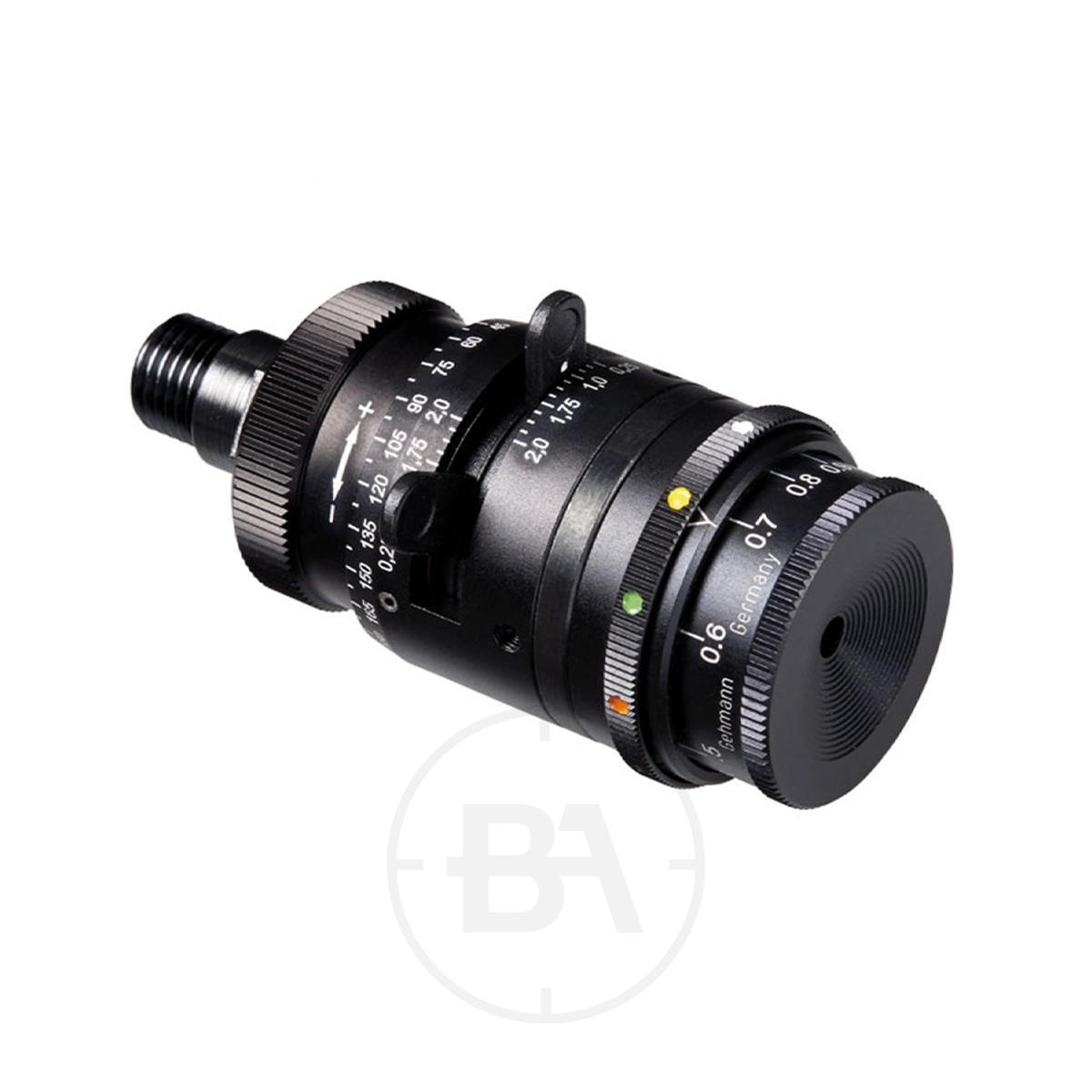 Gehmann 570-579 Iris With 6 Colour Filter, 1.5x Magnifier & Cylindrical Lens 1 Close-up view of the 570-579 Iris with 6 Colour Filter, 1.5x Magnifier, and Cylindrical Lens, featuring labeled measurement markings and adjustable focus and iris rings.